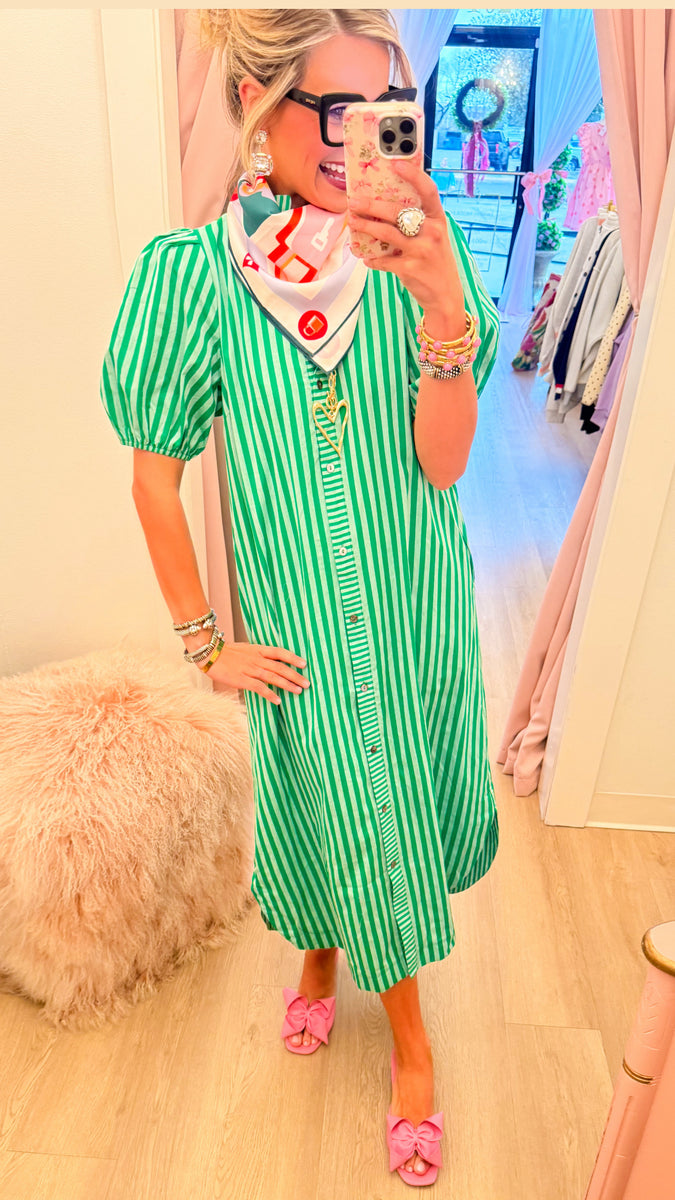 Green Stripe Print Puff Sleeve Maxi Dress  Charlotte Heart Boutique