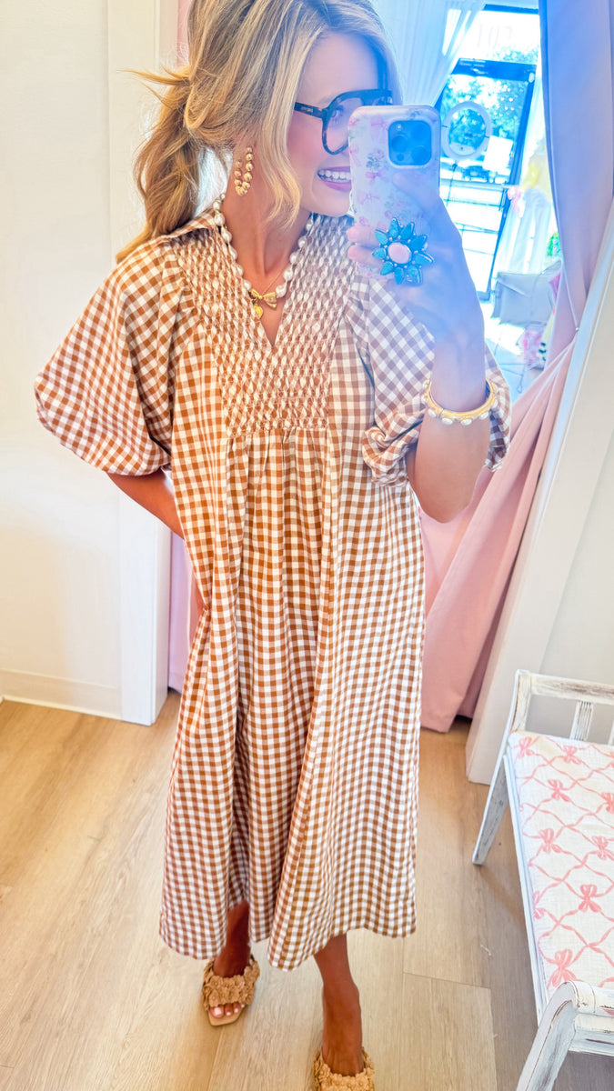 Brown Gingham Puff Sleeve Midi Dress – Charlotte Heart Boutique