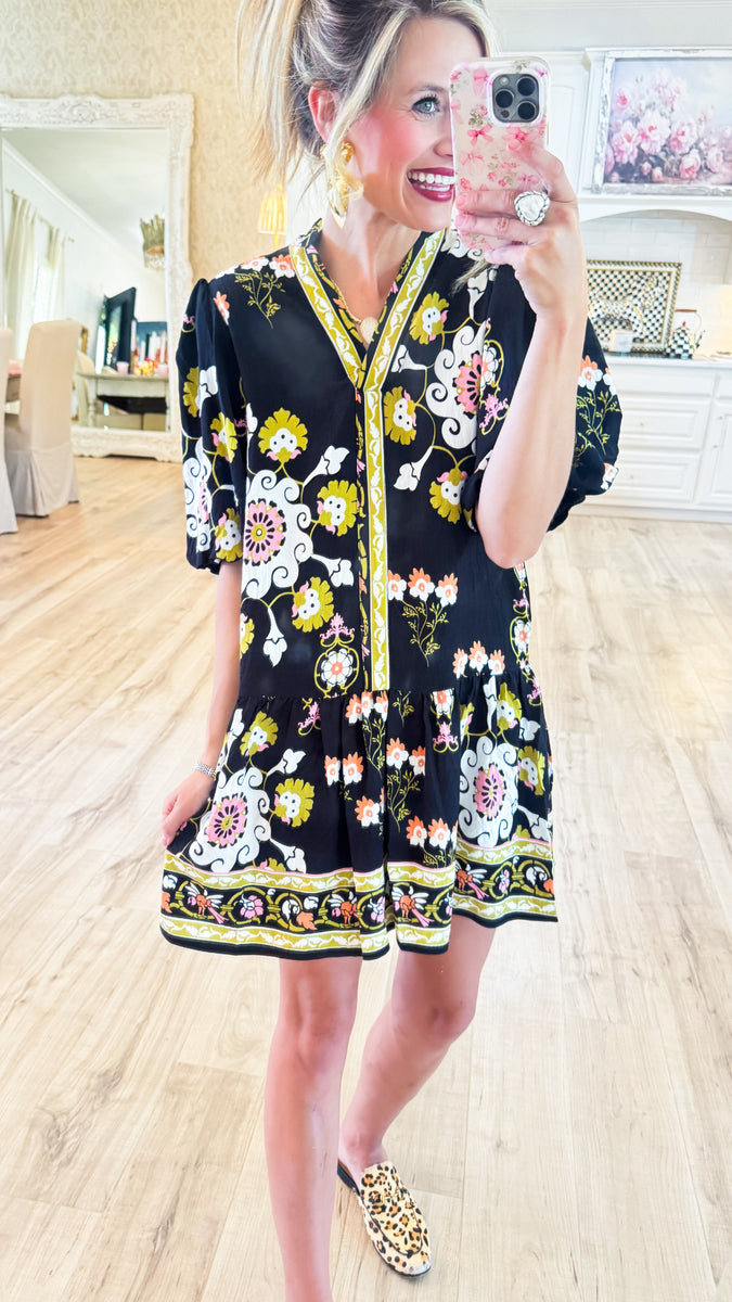 THML Black Floral Puff Sleeve Dress  Charlotte Heart Boutique