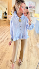 Restock Peri Blue Ruffle Hem Button Down Top