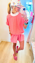 Red and Pink Stripe Short Sleeve Mockneck Short Set