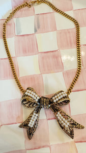 Gold Pearl Bow Necklace