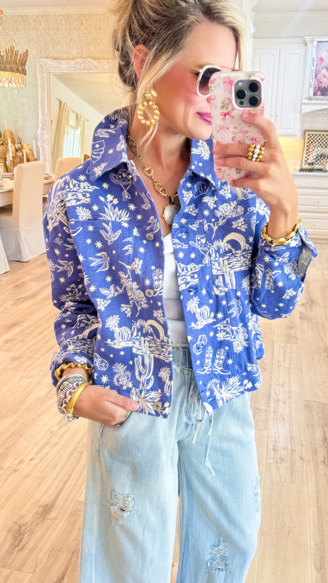 Blue Denim Western Print Cropped Jacket