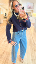 Navy Plaid Trimmed Cardigan