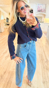 Navy Plaid Trimmed Cardigan