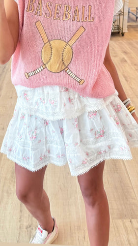 Ivory Floral Print Tiered Skirt