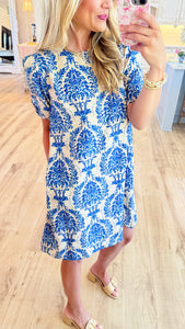 Blue Printed Short Sleeve Dress