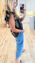 Black Flower Print Flutter Sleeve Top