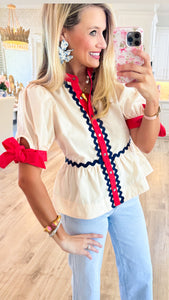 Ecru and Red Ric Rac Trim Top
