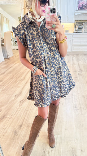 Brown Aimee Leopard Ruffle Dress