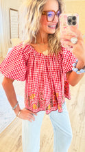 Ivy Jane Red Gingham Floral Puff Sleeve Top