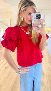 Red Eyelet Bubble Sleeve Top