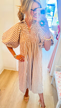 Brown Gingham Puff Sleeve Midi Dress