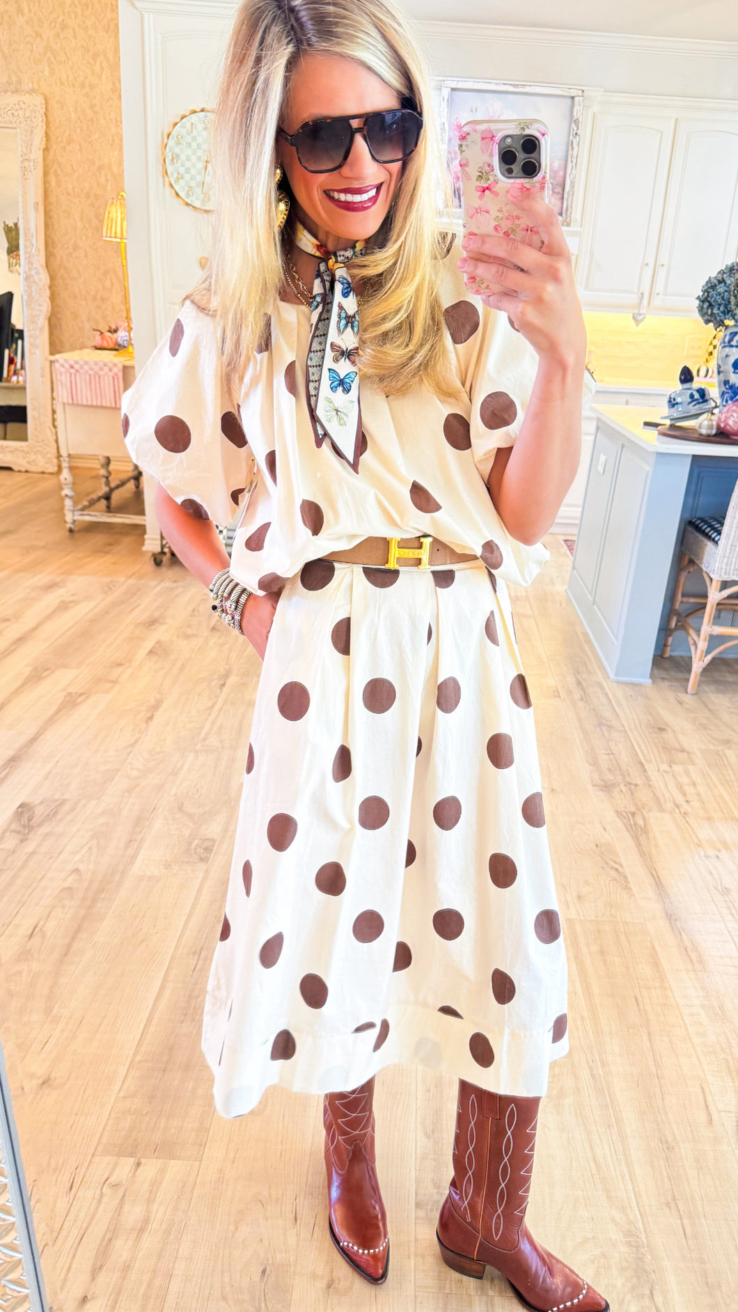 Brown and Ivory Polka Dot Skirt Set