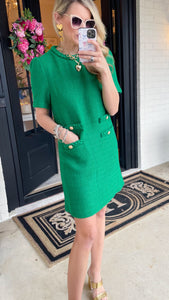 Green Double Pocket Tweed Dress