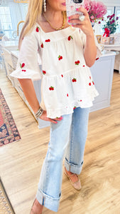 Cherry Poplin Embroidery Top