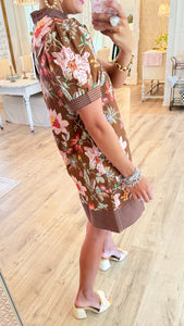 Brown Floral Puff Sleeve Mini Dress
