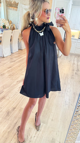 Black Ruffle Neck Bow Dress