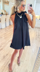 Black Ruffle Neck Bow Dress