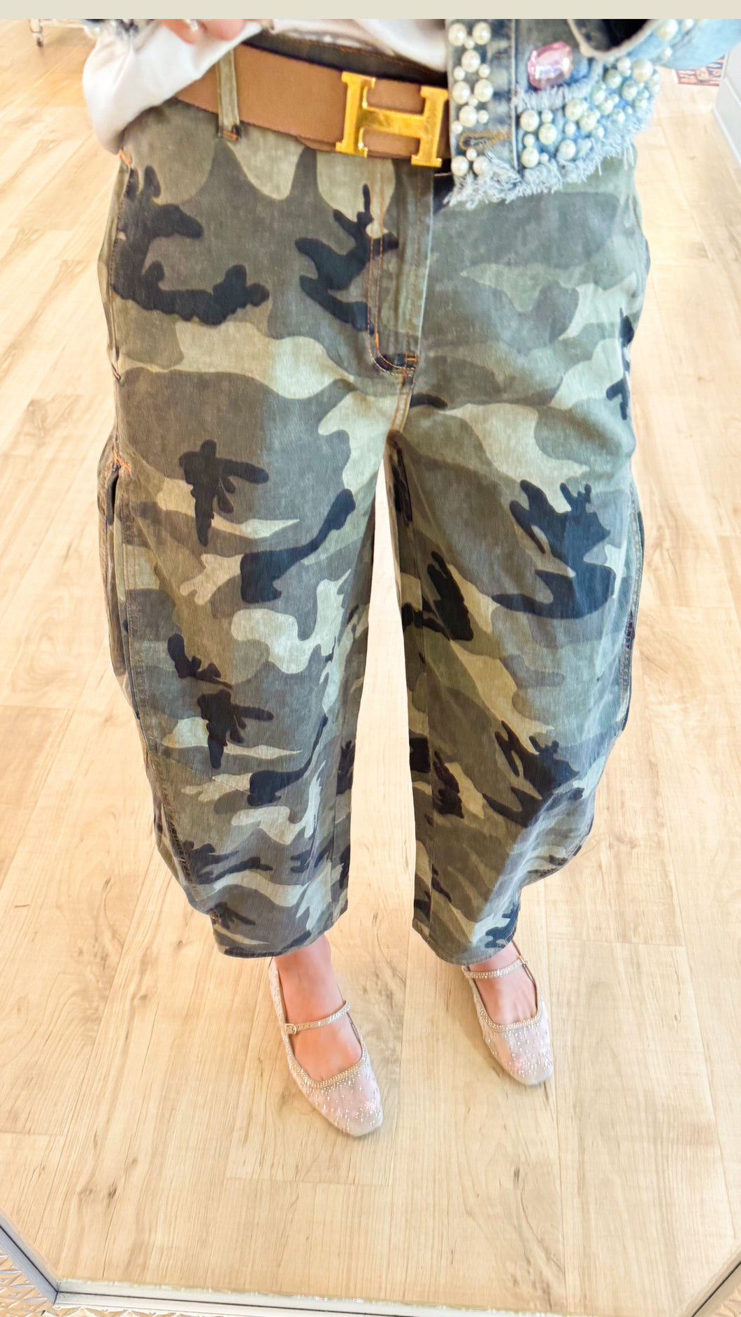 RESTOCK Olive Grey Camo Barrel Jeans