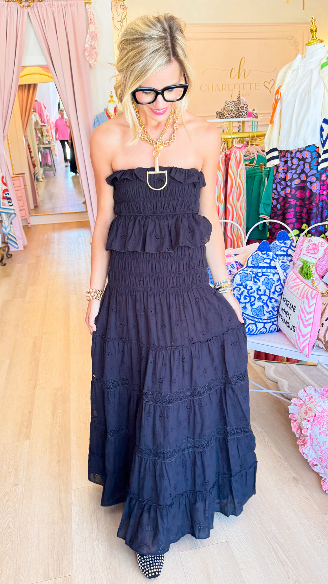 black eyelet maxi dress Tiered Bamboos Kaiia - Bodycon Maxi Product Details Color:VINTAGE WHITE