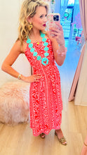 Pink and Red Floral Print Midi Dress