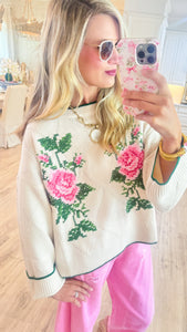 Ivory Rose Embroidered Knit Sweater