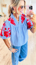 THML Blue Gingham Red Embroidered Puff Sleeve Top