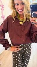 Brown Oversized Ruffle Detail Button Up Top