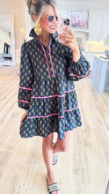 Black and Pink Flower Printed Long Sleeve Mini Dress