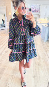 Black and Pink Flower Printed Long Sleeve Mini Dress