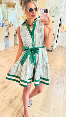 Green Stripe Button Up Sleeveless Dress