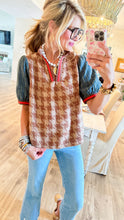 Denim Brown Houndstooth Puff Sleeve Top