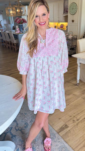 White and Pink Floral Embroidery Mini Dress