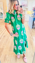 Green Floral Print Ruffle Stand Collar Midi Dress