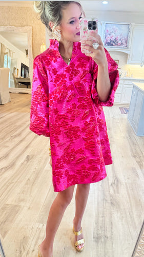 Hot Pink Ruffle Neck Jacquard Dress
