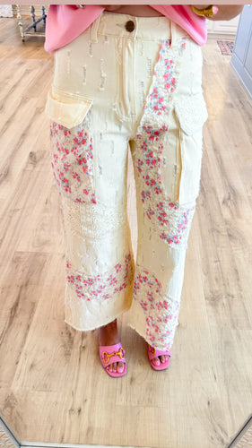 Cream and Pink Patchwork Pants
