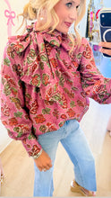 Pink Floral Ruffle Neck Tie Top