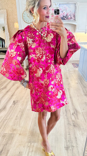 Hot Pink Gold Accent Jacquard Shift Dress