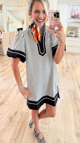 Black Stripe Puff Sleeve Dress