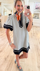 Black Stripe Puff Sleeve Dress
