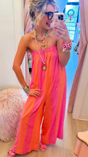 Hibiscus and Melon Striped Strapless Jumpsuit