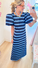 Navy and Blue Stripe Puff Sleeve Maxi Dress