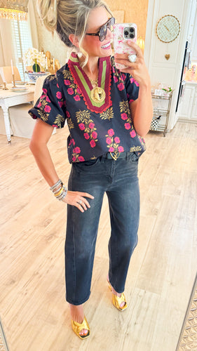 Black Floral Print Bubble Sleeve Top
