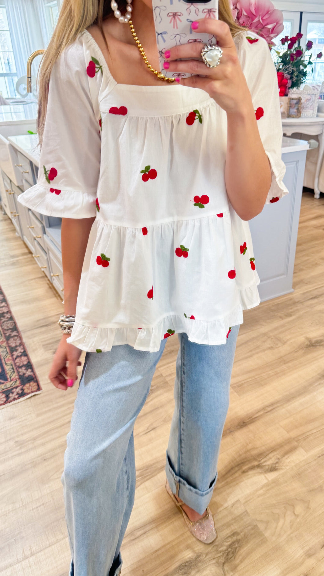 Cherry Poplin Embroidery Top