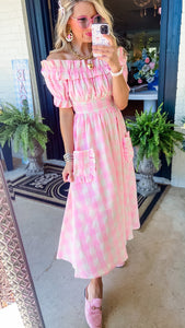 Pink Gingham Off Shoulder Midi Dress