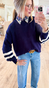 Navy Contrast Stripe Sleeve Sweater