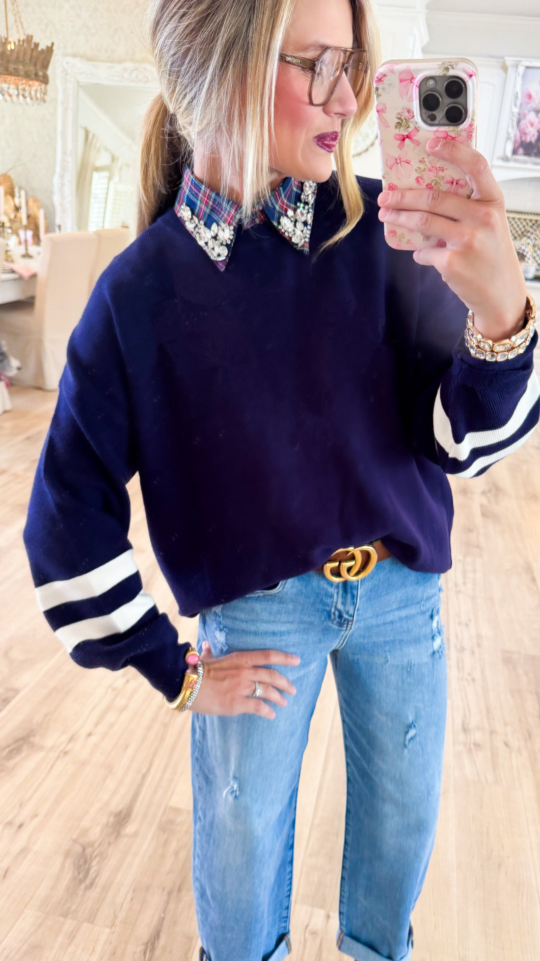 Navy Contrast Stripe Sleeve Sweater
