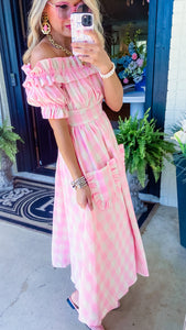 Pink Gingham Off Shoulder Midi Dress