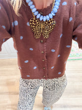 Brown and Blue Polka Dot Puff Sleeve Cardigan